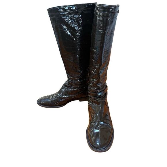 Jimmy Choo Chocolate Brown Patent Leather Riding Boots Gold Buckle Low Heel 38.5 - Picture 5 of 14